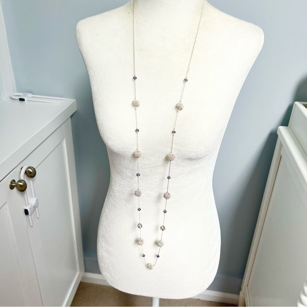 New Ballet Silver Bauble and Purple Beaded Long Station Necklace